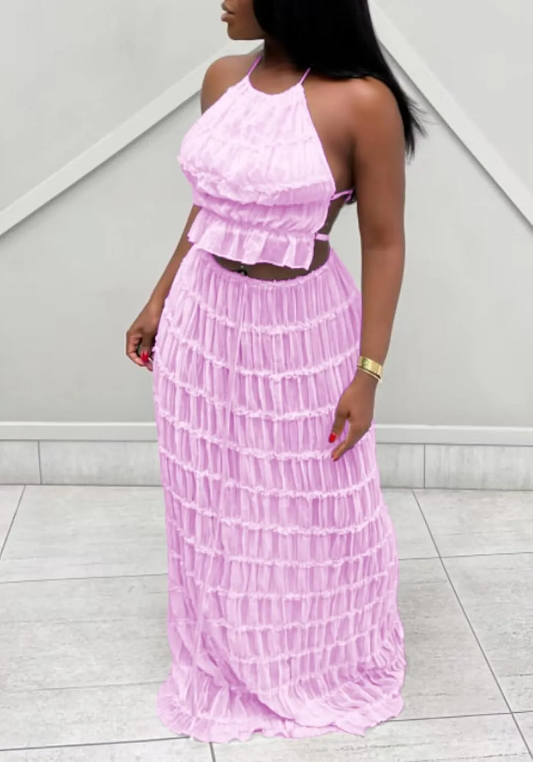 LETSVDO Skirt Sets Women 2 Piece Outfits Backless Halter Top And Pleated Ruffle Flowy Maxi Skirts Y2k Beach Vacation Set