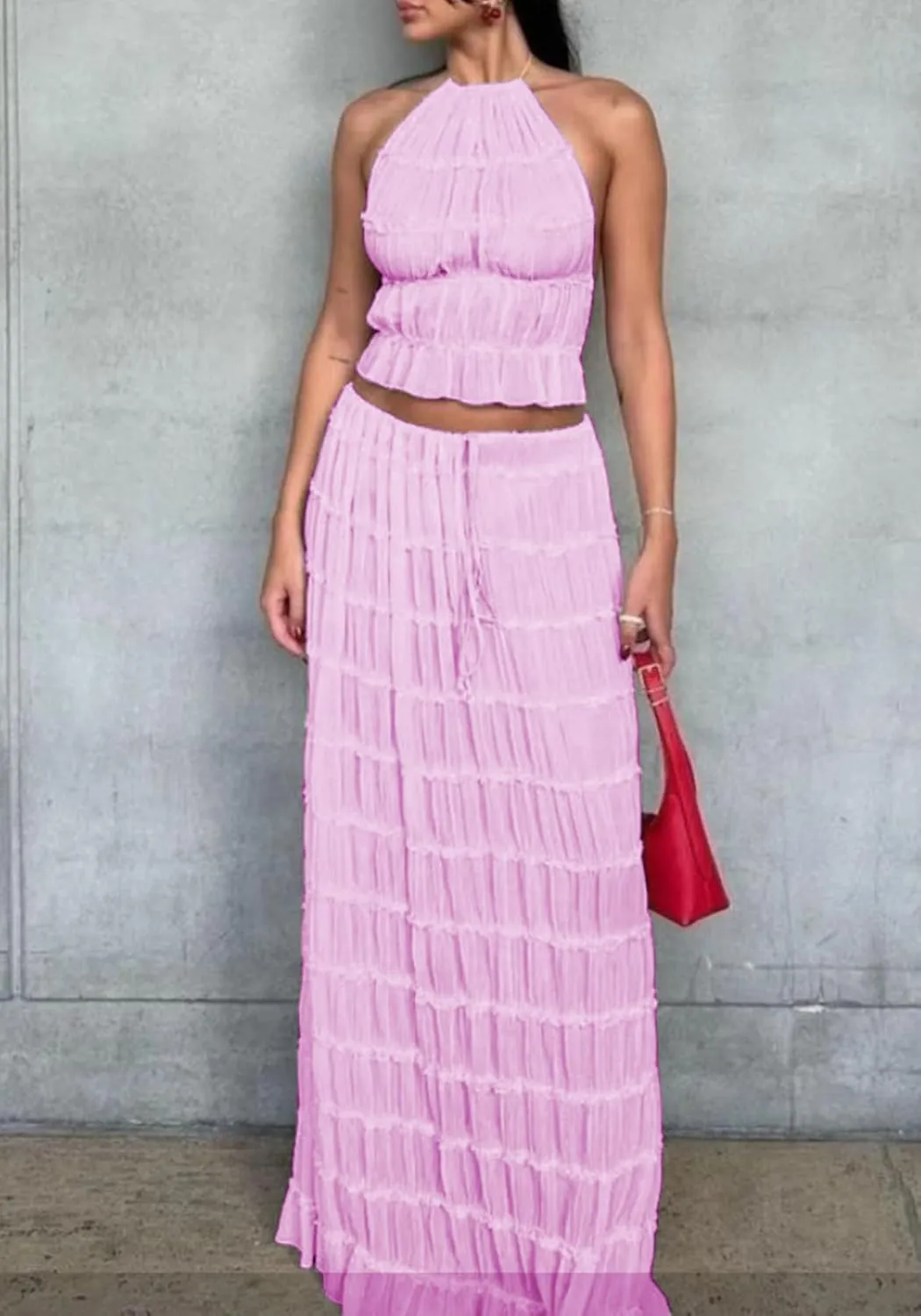 LETSVDO Skirt Sets Women 2 Piece Outfits Backless Halter Top And Pleated Ruffle Flowy Maxi Skirts Y2k Beach Vacation Set