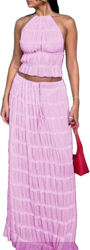 LETSVDO Skirt Sets Women 2 Piece Outfits Backless Halter Top And Pleated Ruffle Flowy Maxi Skirts Y2k Beach Vacation Set