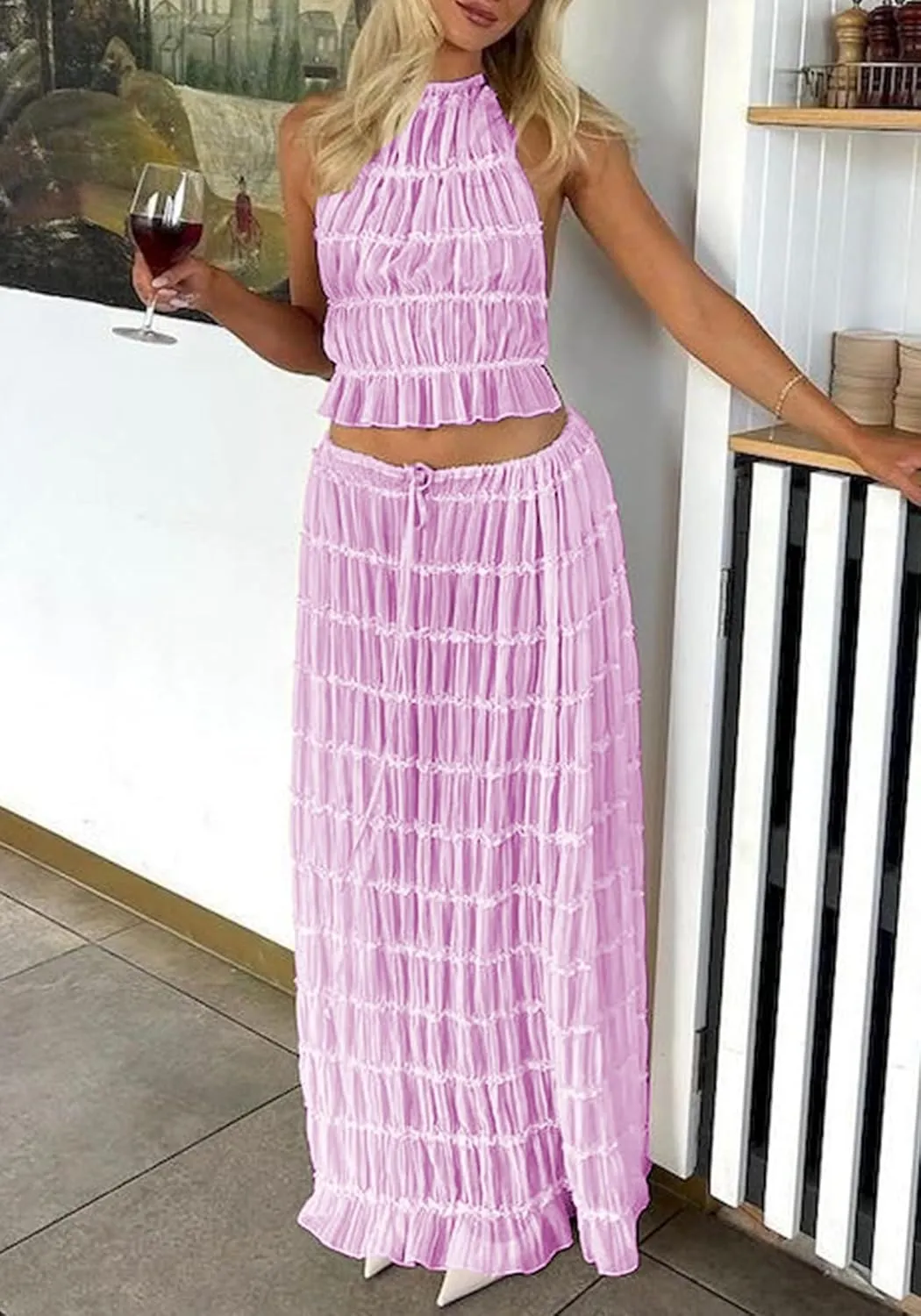 LETSVDO Skirt Sets Women 2 Piece Outfits Backless Halter Top And Pleated Ruffle Flowy Maxi Skirts Y2k Beach Vacation Set