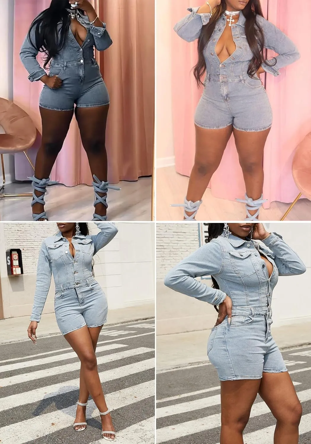 LETSVDO Women's Short Denim Jumpsuit Long Sleeve Bodycon Button Down Cargo Jean One Piece Shorts Romper Outfits