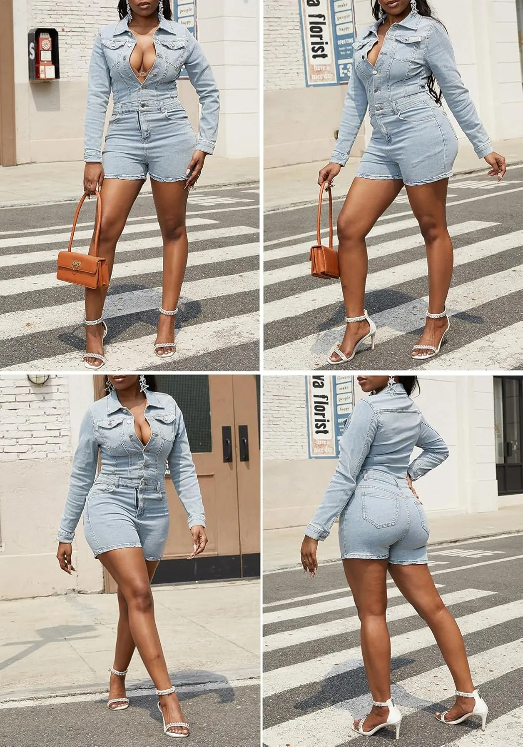 LETSVDO Women's Short Denim Jumpsuit Long Sleeve Bodycon Button Down Cargo Jean One Piece Shorts Romper Outfits