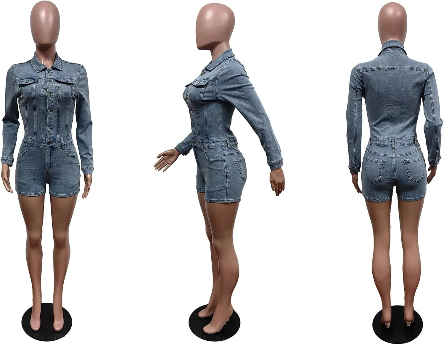 LETSVDO Women's Short Denim Jumpsuit Long Sleeve Bodycon Button Down Cargo Jean One Piece Shorts Romper Outfits