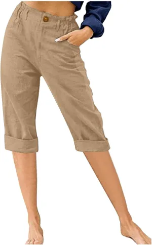 Linen Capri Pants for Women Casual Summer High Waist Wide Leg Cropped Lounge Pant Trousers Beach Vacation Outfits