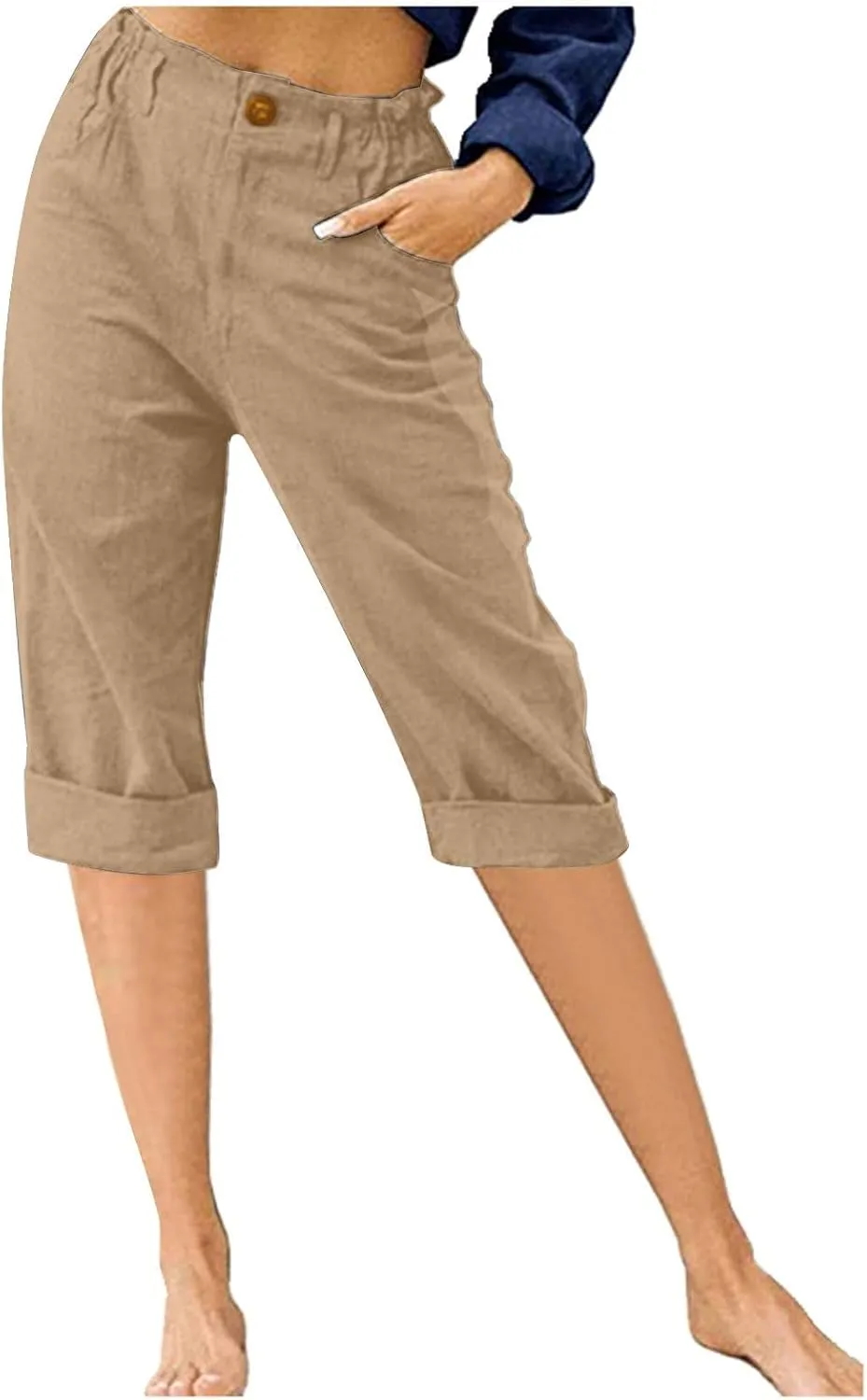 Linen Capri Pants for Women Casual Summer High Waist Wide Leg Cropped Lounge Pant Trousers Beach Vacation Outfits