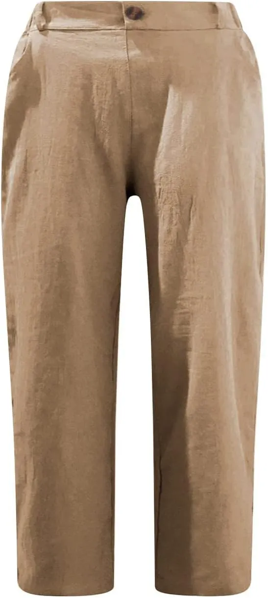 Linen Capri Pants for Women Casual Summer High Waist Wide Leg Cropped Lounge Pant Trousers Beach Vacation Outfits