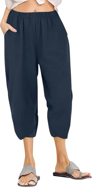 Linen Capri Pants for Women Summer Drawstring Elastic Waist Straight Wide Leg Cropped Trousers Beach Vacation Clothes