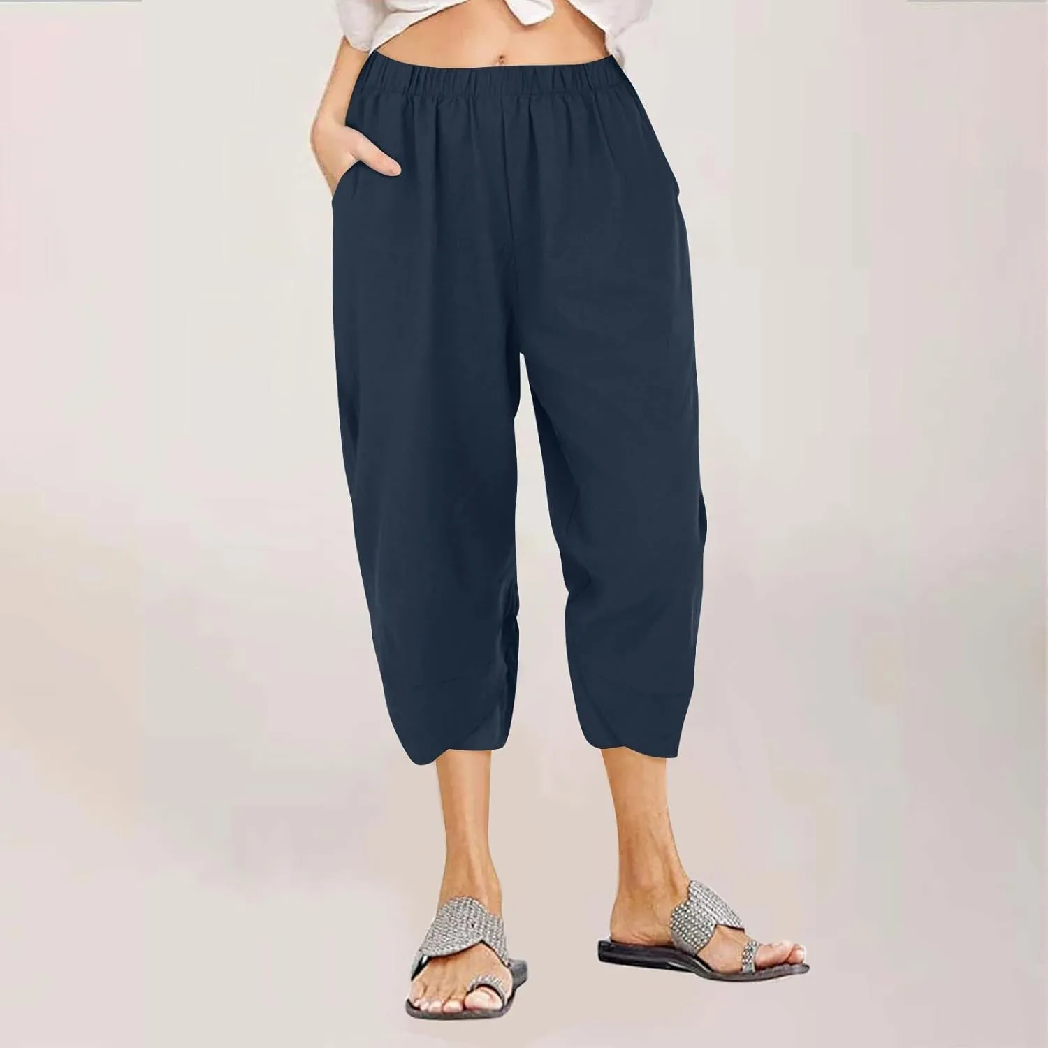 Linen Capri Pants for Women Summer Drawstring Elastic Waist Straight Wide Leg Cropped Trousers Beach Vacation Clothes