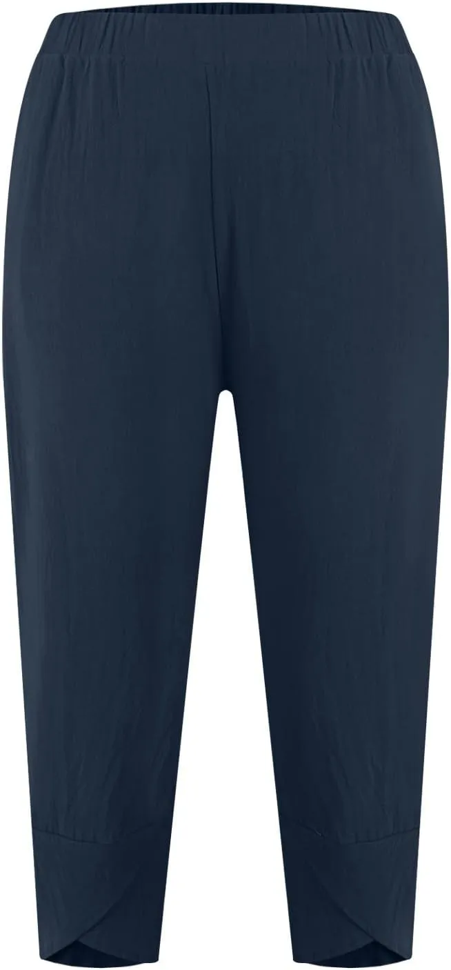 Linen Capri Pants for Women Summer Drawstring Elastic Waist Straight Wide Leg Cropped Trousers Beach Vacation Clothes