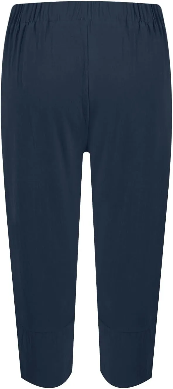 Linen Capri Pants for Women Summer Drawstring Elastic Waist Straight Wide Leg Cropped Trousers Beach Vacation Clothes