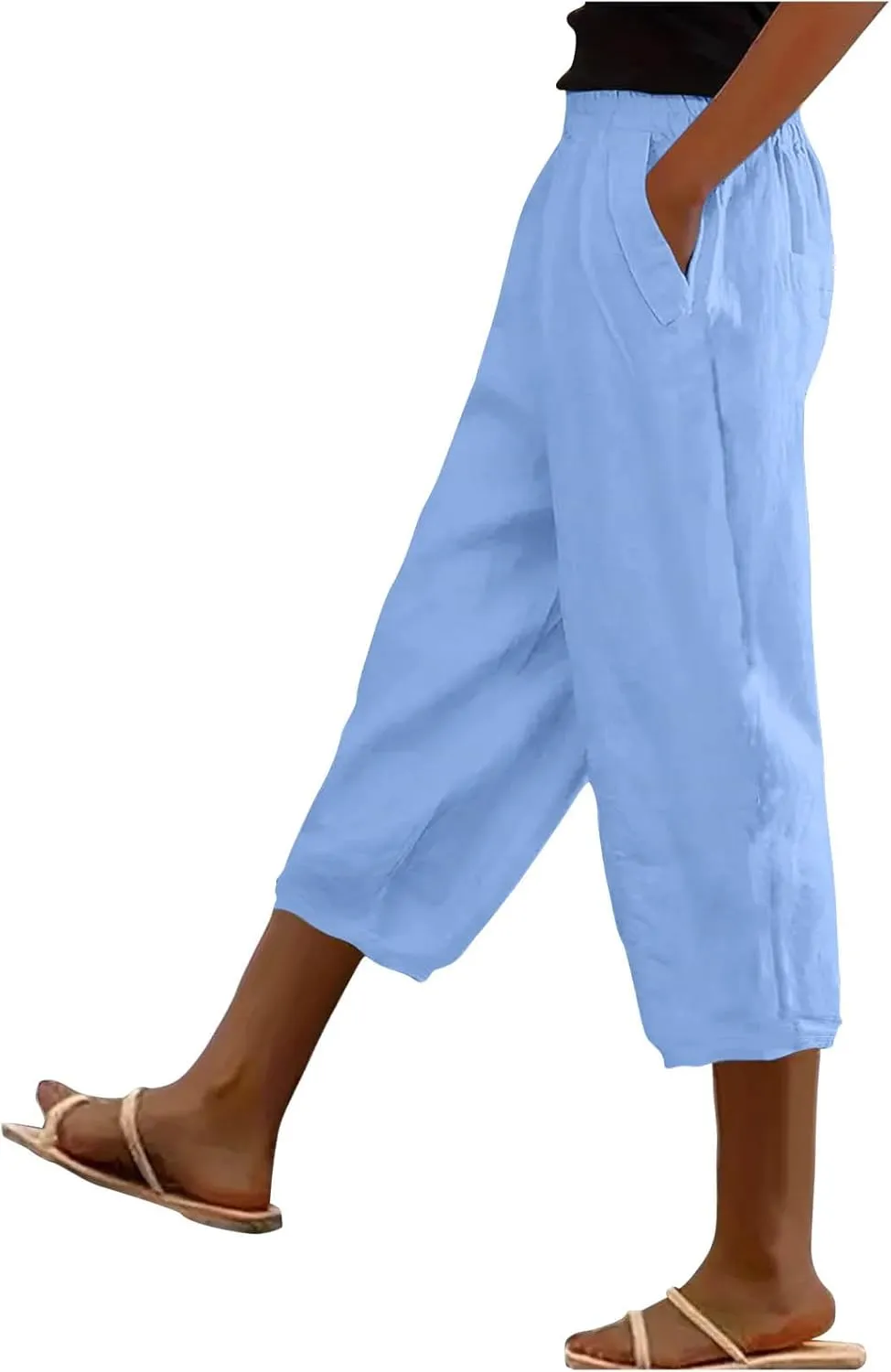 Linen Capris for Women Summer Casual Beach 3/4 Length Pants with Pockets Wide Leg Cotton Blend Comfy Cropped Trousers