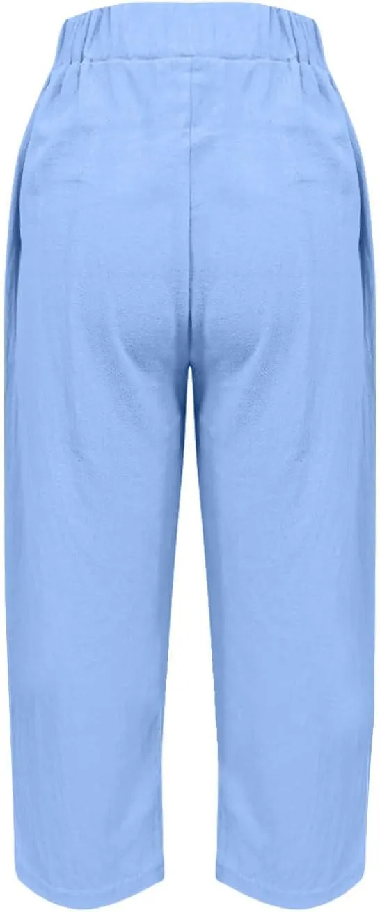 Linen Capris for Women Summer Casual Beach 3/4 Length Pants with Pockets Wide Leg Cotton Blend Comfy Cropped Trousers