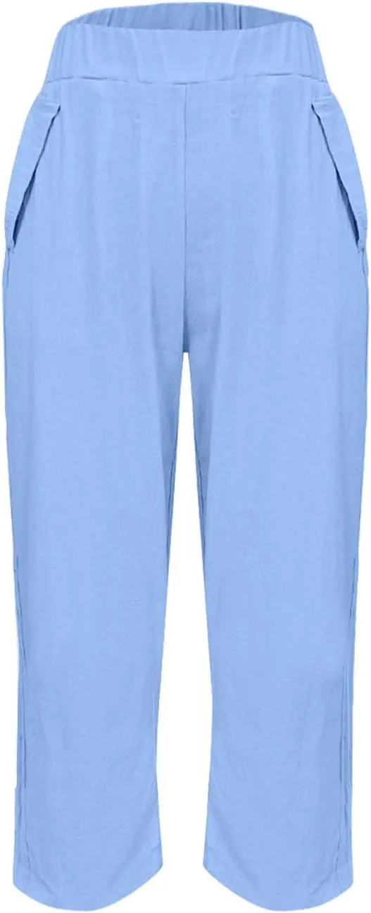 Linen Capris for Women Summer Casual Beach 3/4 Length Pants with Pockets Wide Leg Cotton Blend Comfy Cropped Trousers
