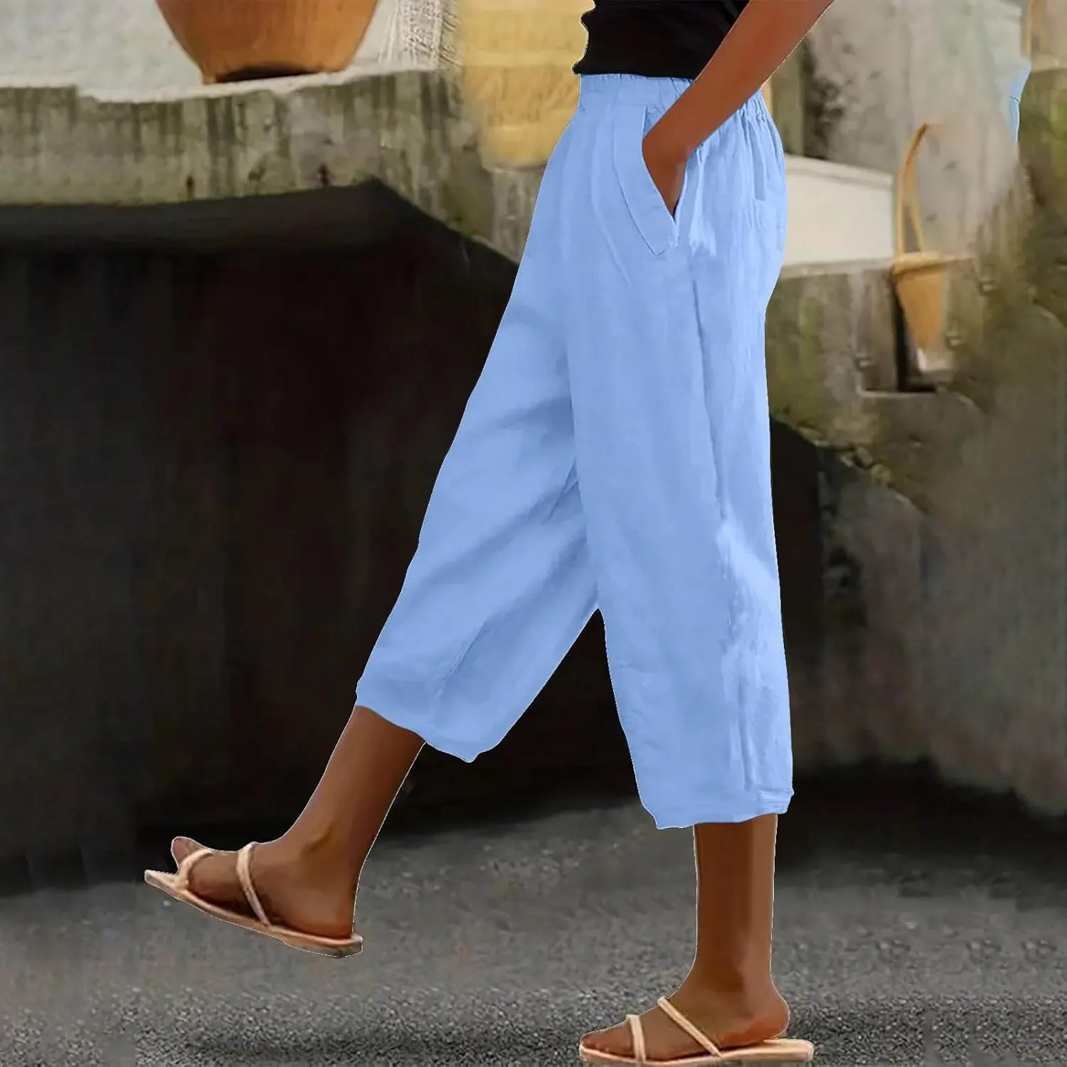 Linen Capris for Women Summer Casual Beach 3/4 Length Pants with Pockets Wide Leg Cotton Blend Comfy Cropped Trousers