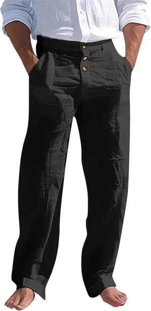 Linen Casual Dress Pants for Men High Waist Button Fly Straight Leg Trendy Formal Work Trousers Loose Beach Travel Pants