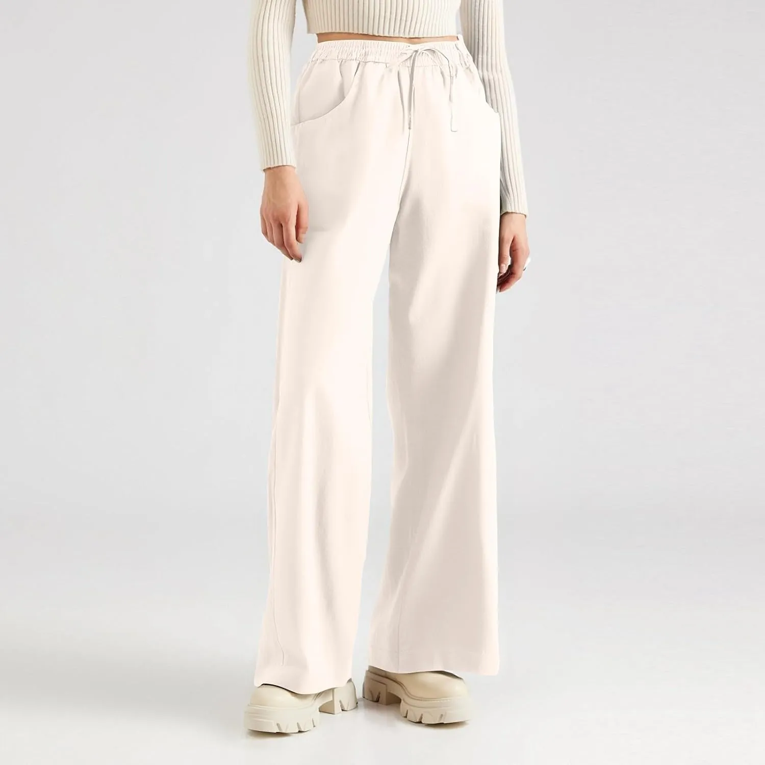 Linen Cotton Cargo Pants Trousers High Waisted Straight Leg Summer, Pull On Pants for Women Dressy Palazzo