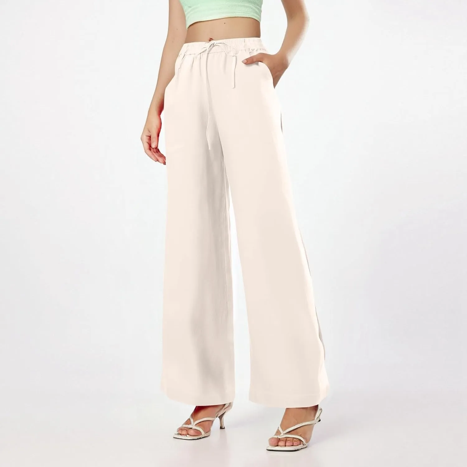 Linen Cotton Cargo Pants Trousers High Waisted Straight Leg Summer, Pull On Pants for Women Dressy Palazzo