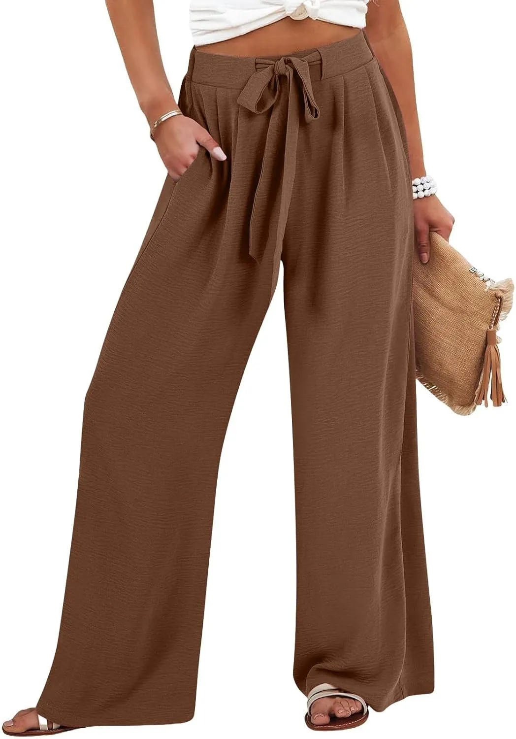 Linen Palazzo Pants for Women Casual Loose Beach Wide Leg Flowy Trousers High Waisted Tie Knot Lounge Pant