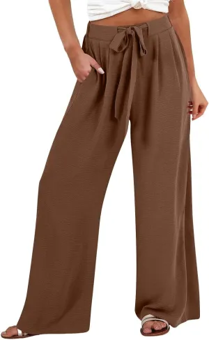 Linen Palazzo Pants for Women Casual Loose Beach Wide Leg Flowy Trousers High Waisted Tie Knot Lounge Pant