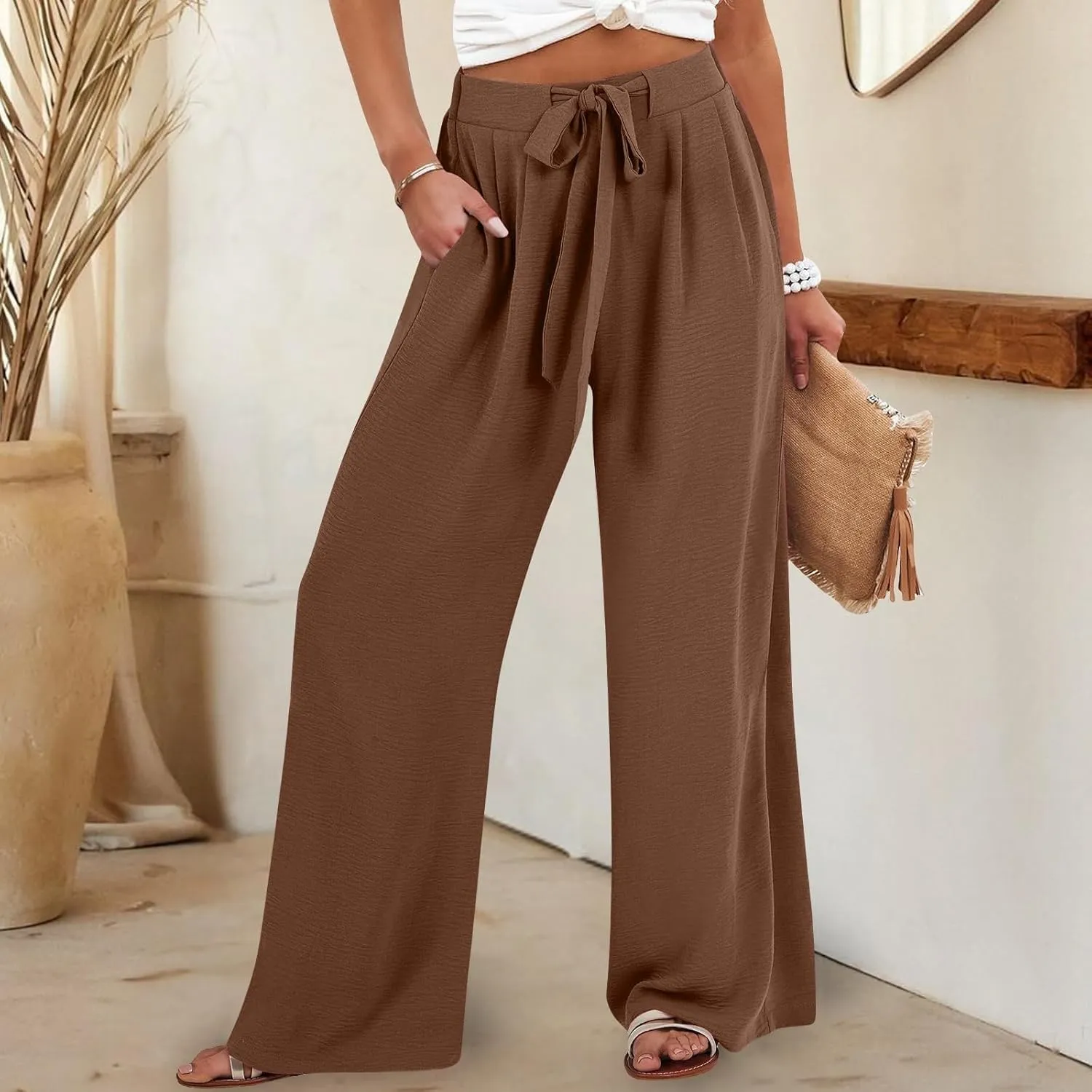 Linen Palazzo Pants for Women Casual Loose Beach Wide Leg Flowy Trousers High Waisted Tie Knot Lounge Pant