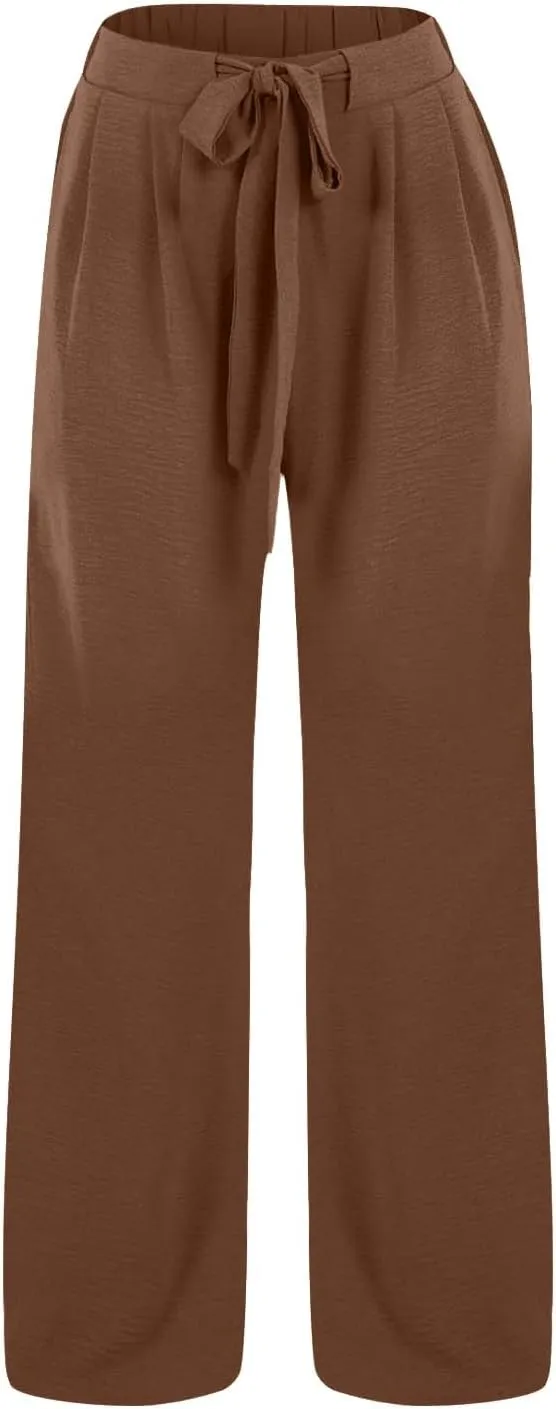 Linen Palazzo Pants for Women Casual Loose Beach Wide Leg Flowy Trousers High Waisted Tie Knot Lounge Pant