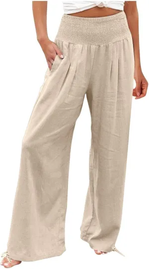 Linen Pant for Women High Wide Waisted Casual Petite Corseted Waist Fashion Flowy Solid Color Trouser with Pocket