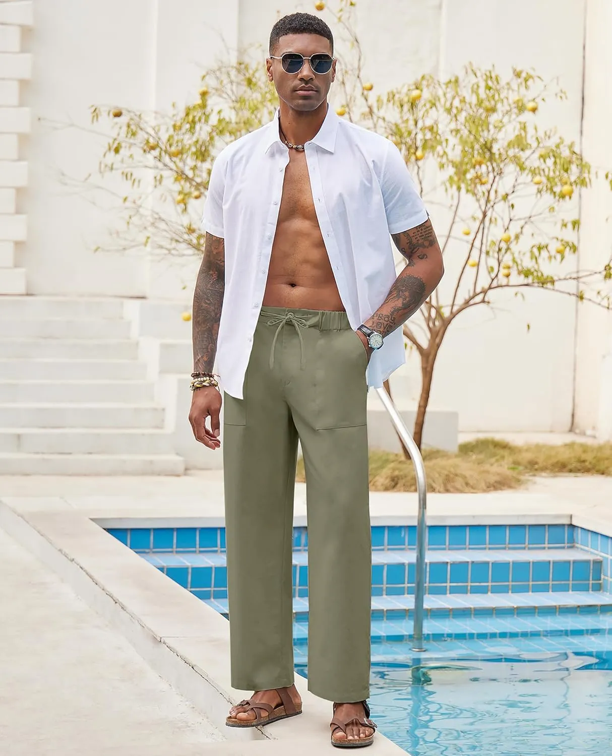 Linen Pants for Men - Casual Wide Leg Beach & Lounge Pants with Pockets