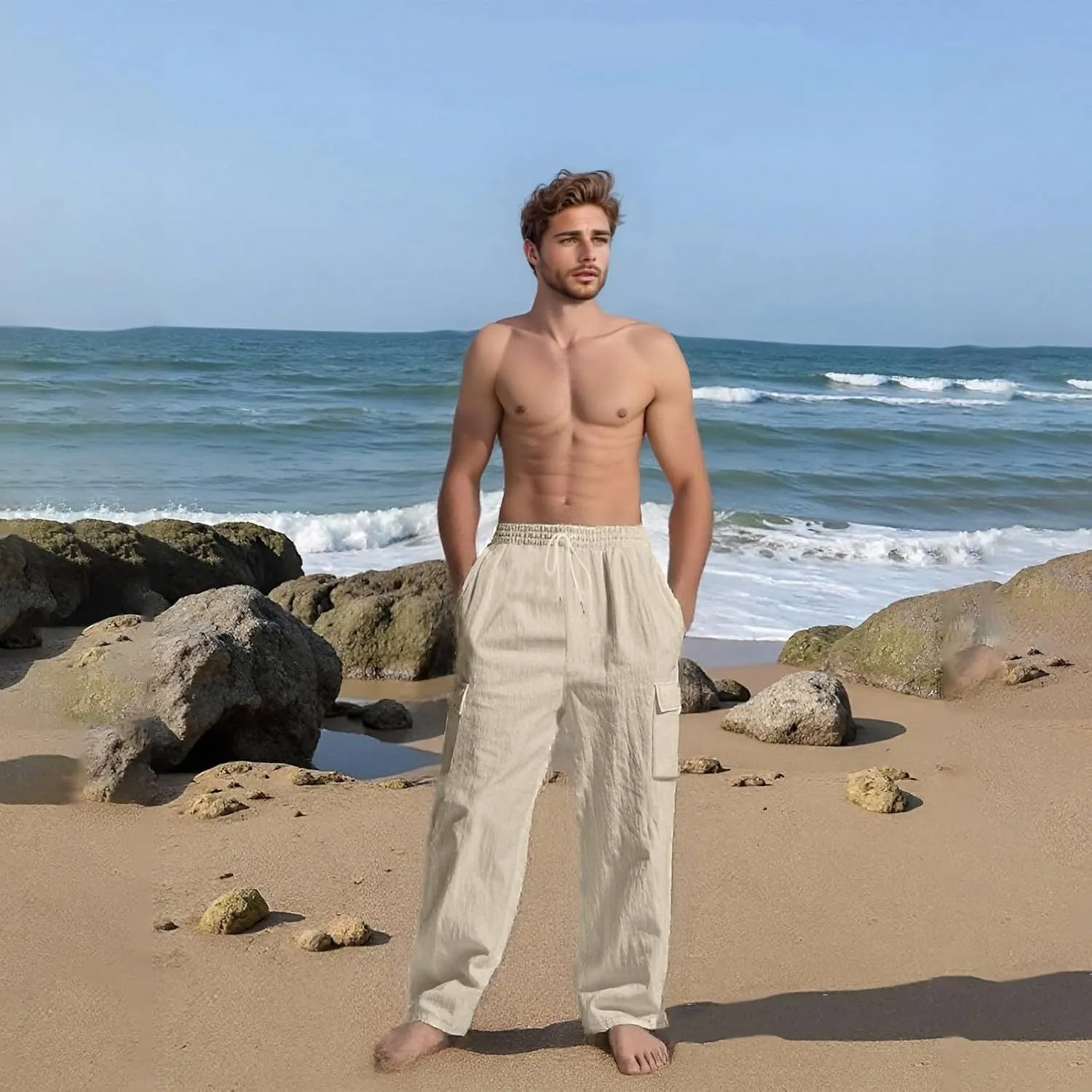 Linen Pants for Men Loose Fit Summer Elastic Waist Wide Leg Men's Pants Dress Drawstring Beach Casual Lounge Trousers