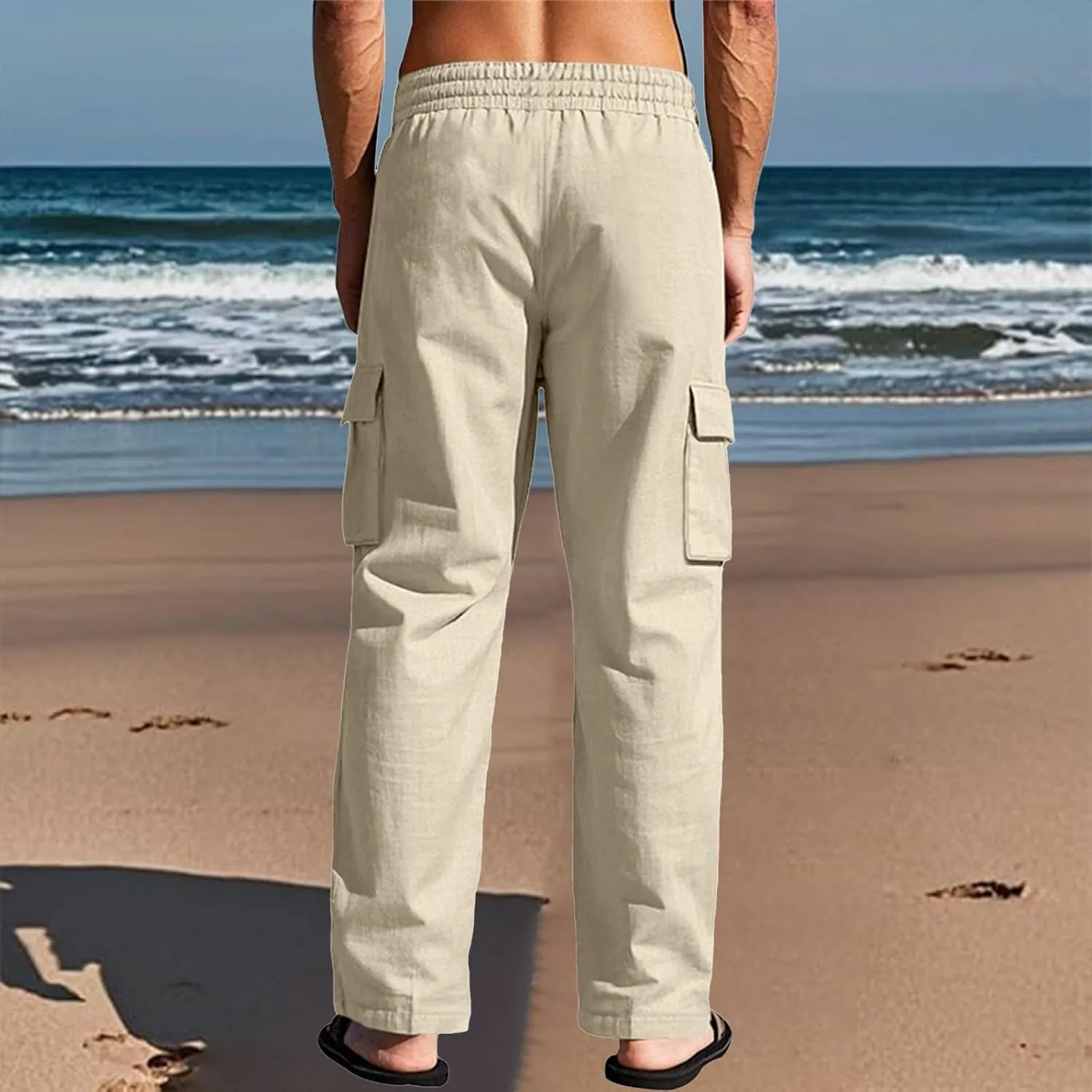 Linen Pants for Men Loose Fit Summer Elastic Waist Wide Leg Men's Pants Dress Drawstring Beach Casual Lounge Trousers