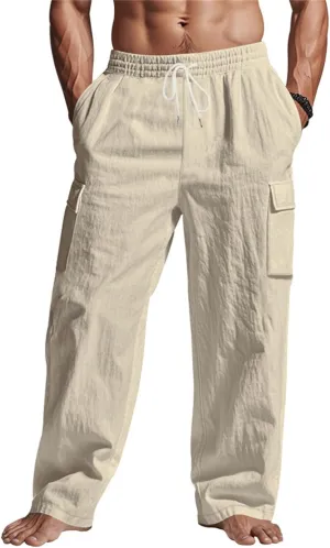 Linen Pants for Men Loose Fit Summer Elastic Waist Wide Leg Men's Pants Dress Drawstring Beach Casual Lounge Trousers