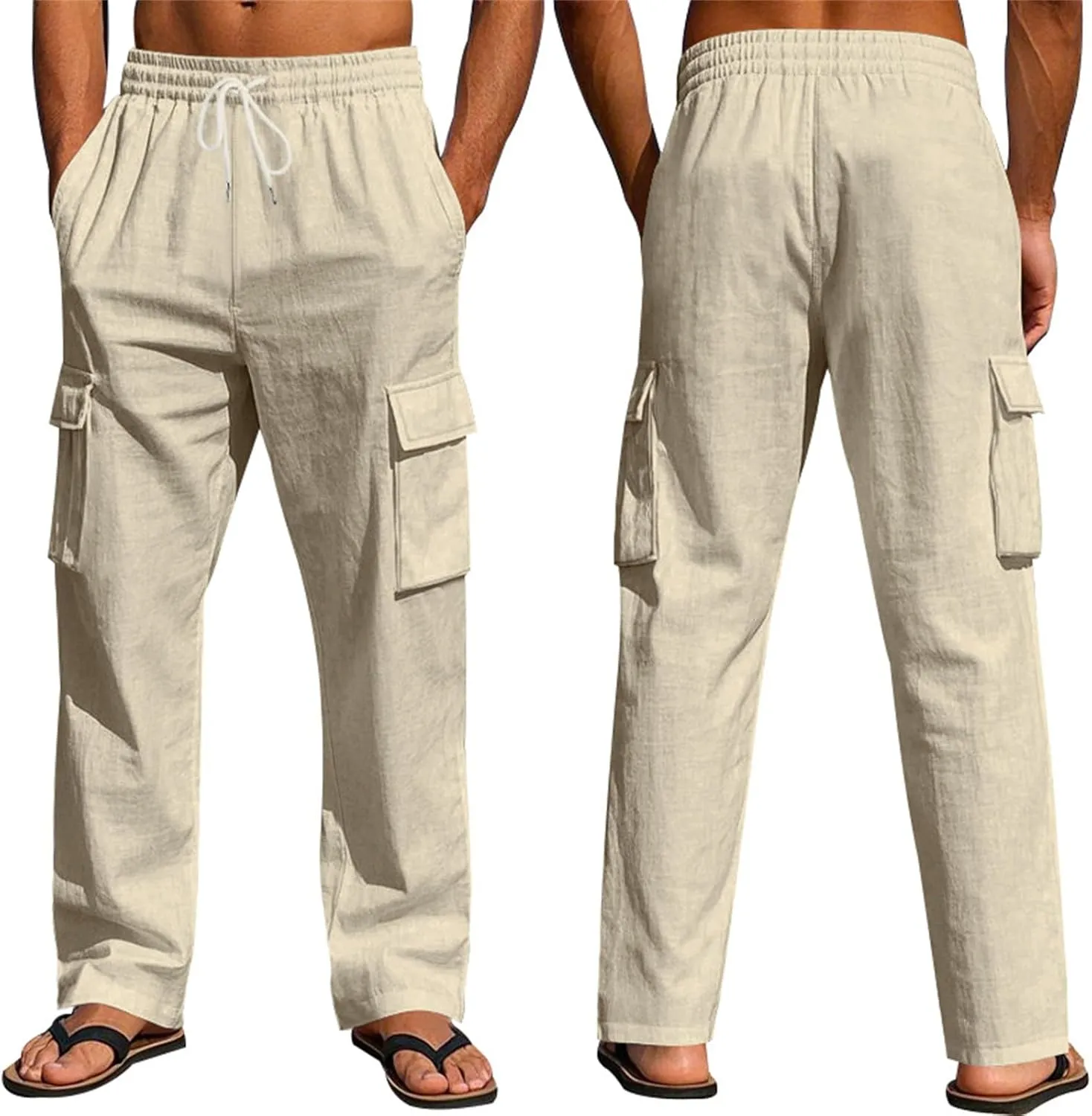 Linen Pants for Men Loose Fit Summer Elastic Waist Wide Leg Men's Pants Dress Drawstring Beach Casual Lounge Trousers