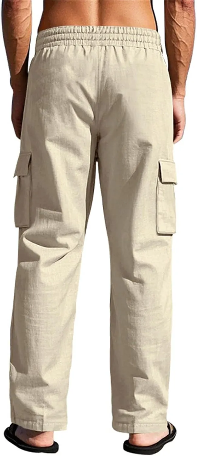 Linen Pants for Men Loose Fit Summer Elastic Waist Wide Leg Men's Pants Dress Drawstring Beach Casual Lounge Trousers