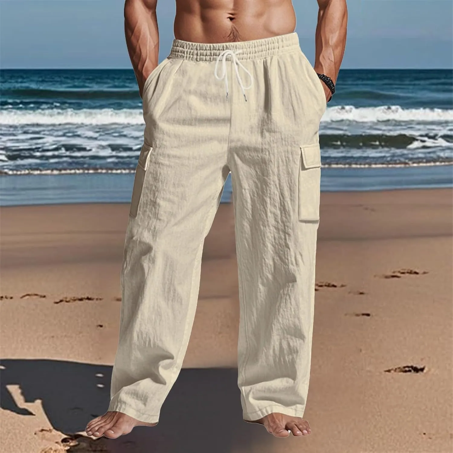 Linen Pants for Men Loose Fit Summer Elastic Waist Wide Leg Men's Pants Dress Drawstring Beach Casual Lounge Trousers