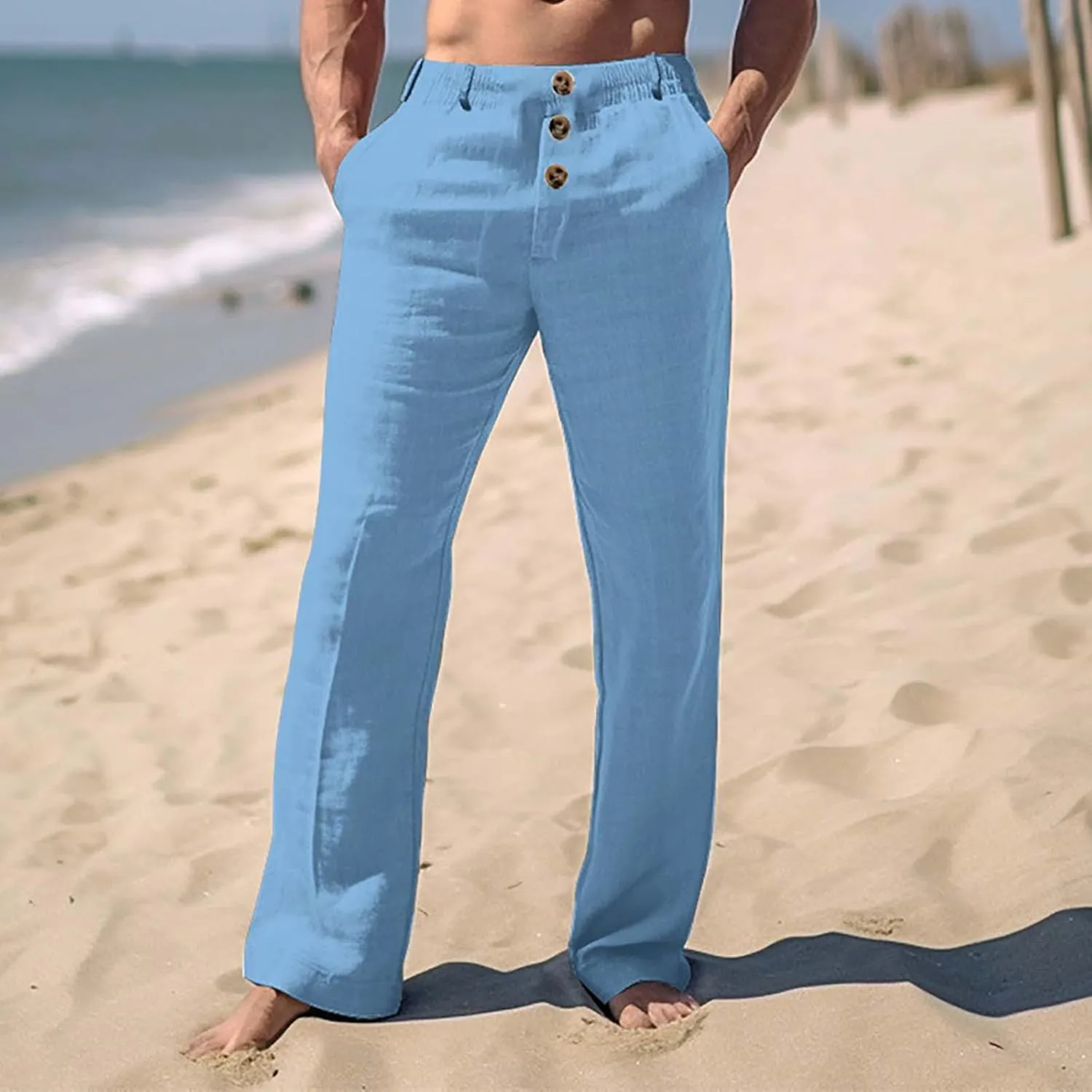 Linen Pants for Mens Casual Button Loose Summer Jogger Pant Cotton Linen Lightweight Solid Sweatpant Hipster Beach Trousers