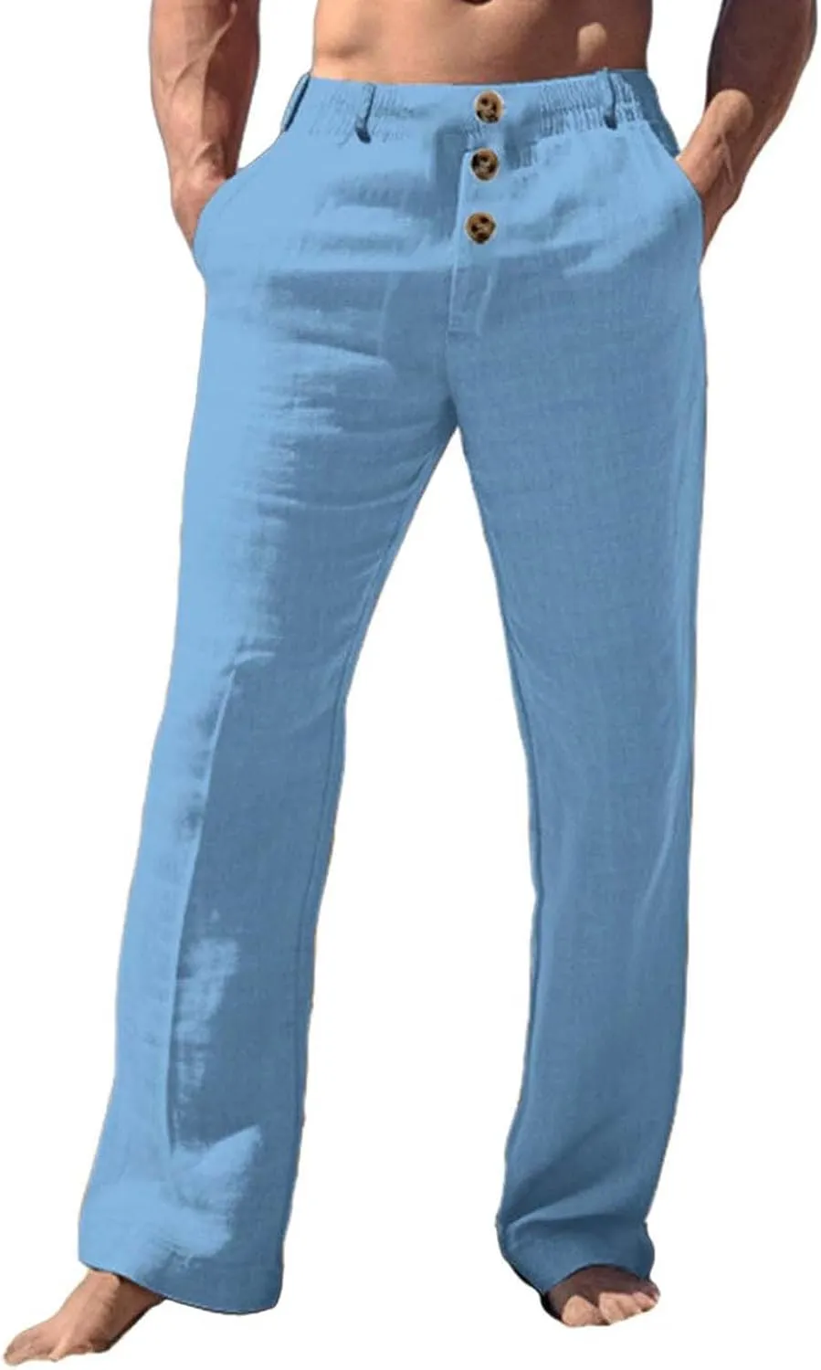 Linen Pants for Mens Casual Button Loose Summer Jogger Pant Cotton Linen Lightweight Solid Sweatpant Hipster Beach Trousers