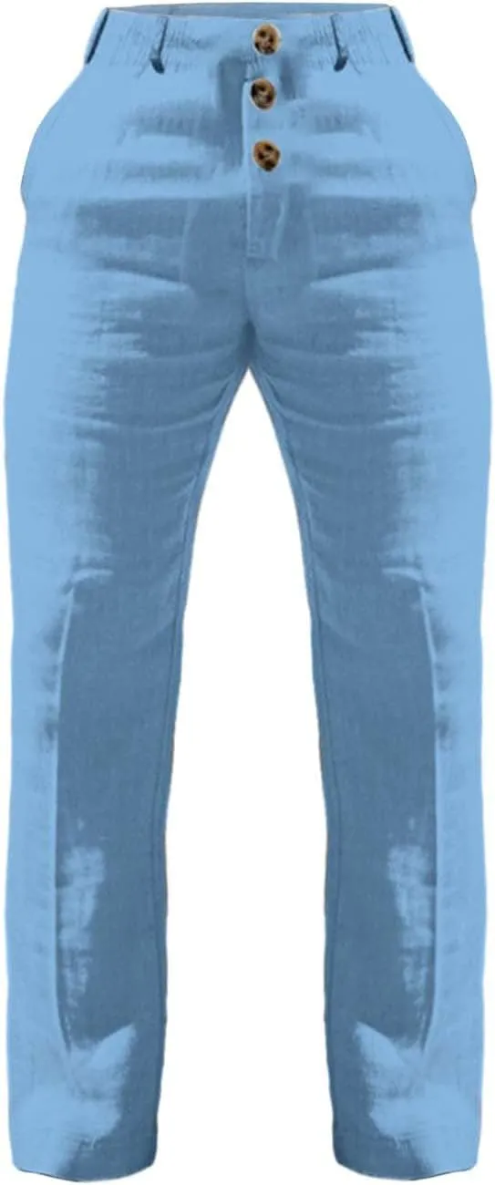 Linen Pants for Mens Casual Button Loose Summer Jogger Pant Cotton Linen Lightweight Solid Sweatpant Hipster Beach Trousers