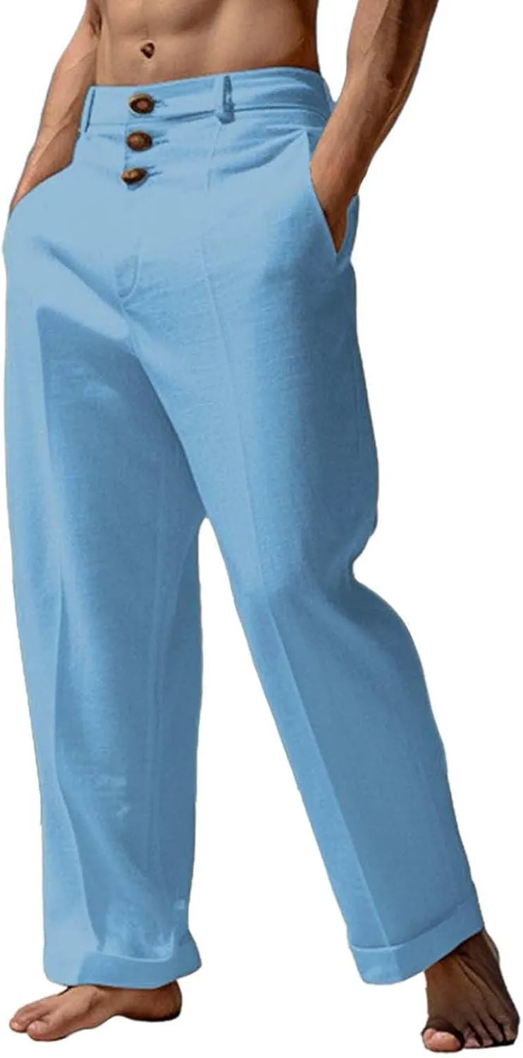 Linen Pants for Mens Casual Button Loose Summer Jogger Pant Cotton Linen Lightweight Solid Sweatpant Hipster Beach Trousers