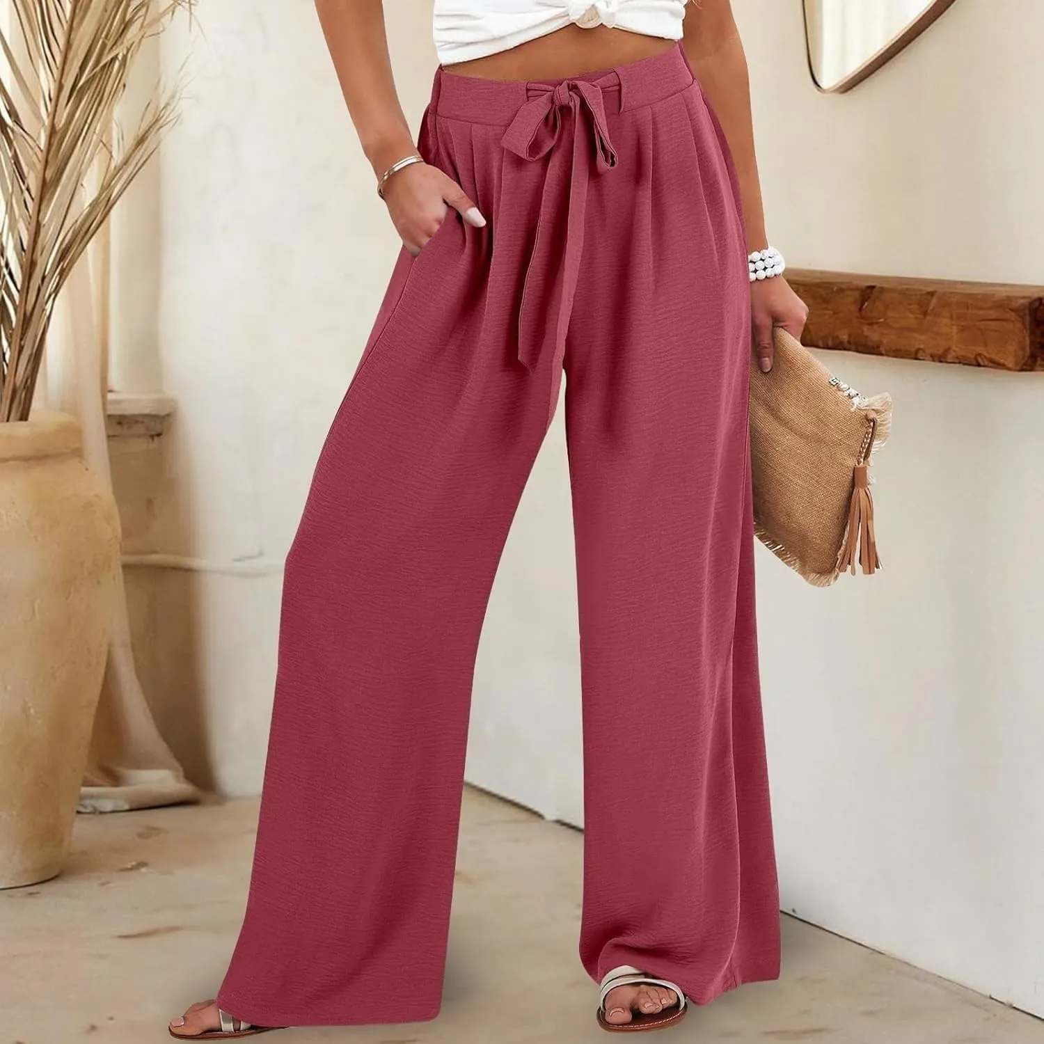 Linen Pants for Women 2025 Summer High Waisted Wide Leg Palazzo Pants Casual Loose Flowy Beach Trousers with Pockets