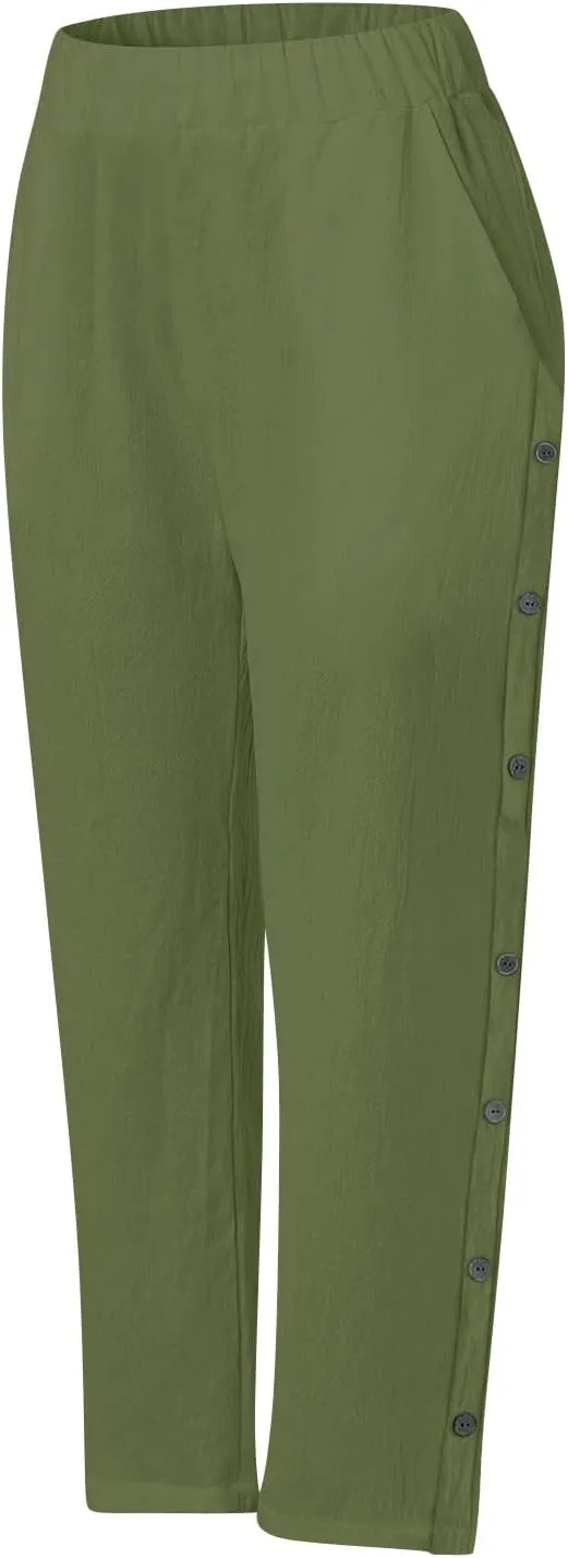 Linen Pants for Women 2025 Trendy High Waisted Wide Leg Trousers Striped Side Button Elastic Waist Summer Gauze Pants