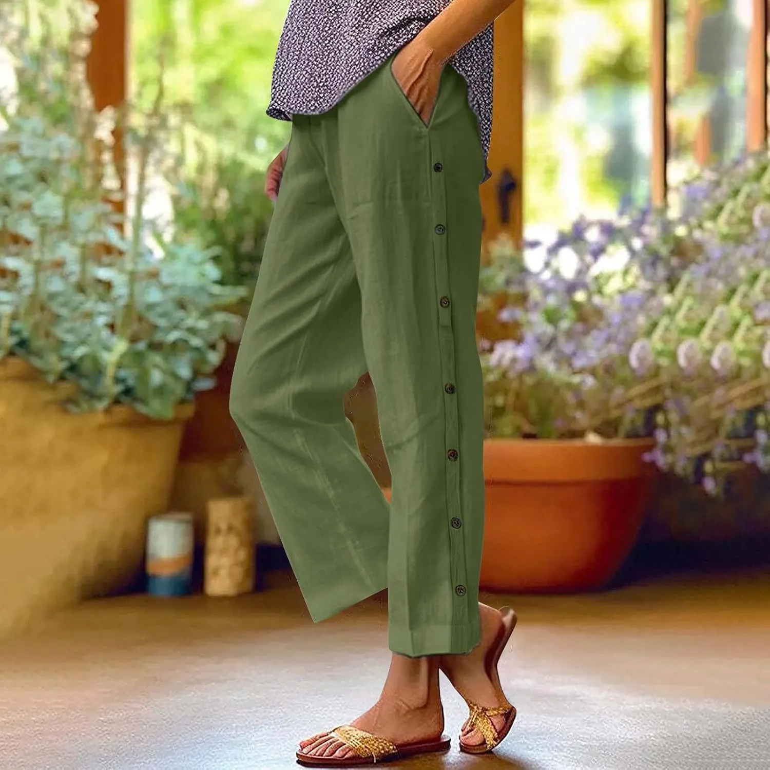Linen Pants for Women 2025 Trendy High Waisted Wide Leg Trousers Striped Side Button Elastic Waist Summer Gauze Pants