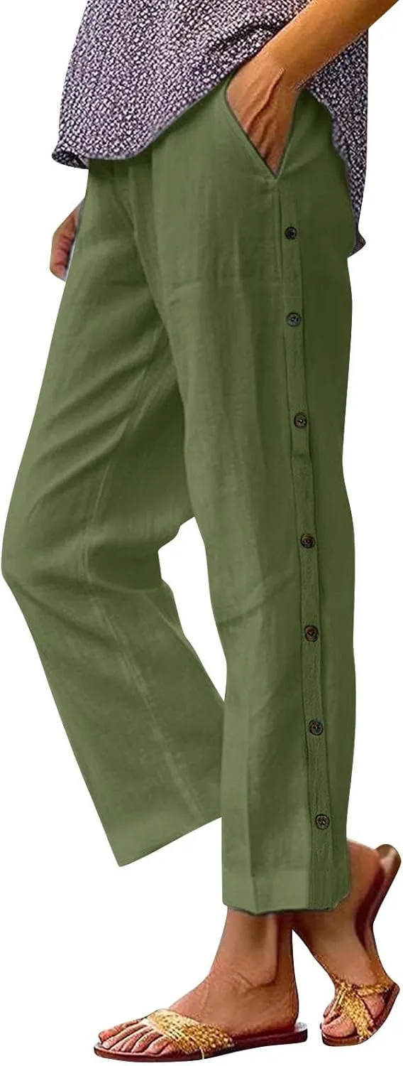 Linen Pants for Women 2025 Trendy High Waisted Wide Leg Trousers Striped Side Button Elastic Waist Summer Gauze Pants
