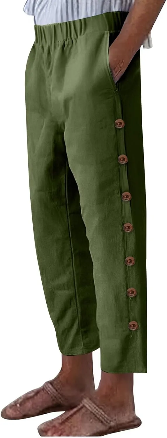 Linen Pants for Women 2025 Trendy High Waisted Wide Leg Trousers Striped Side Button Elastic Waist Summer Gauze Pants