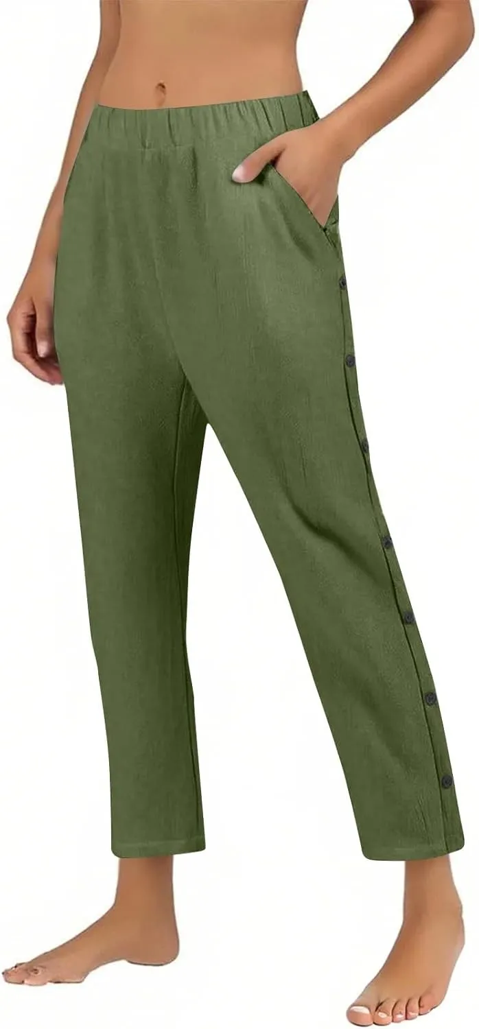 Linen Pants for Women 2025 Trendy High Waisted Wide Leg Trousers Striped Side Button Elastic Waist Summer Gauze Pants