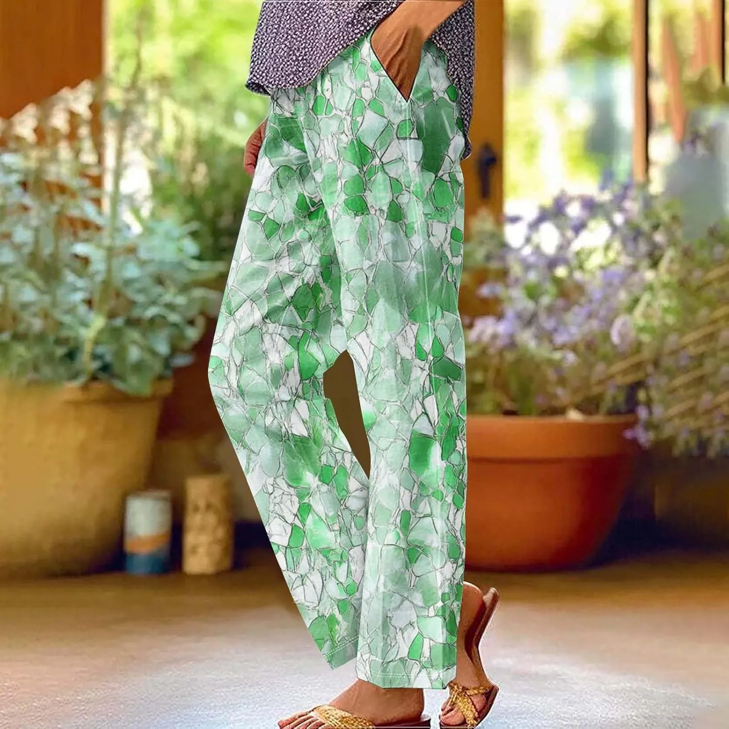 Linen Pants for Women Casual Tropical Floral Printed Rolled Pants Elastic High Waist Drawstring Summer Trousers