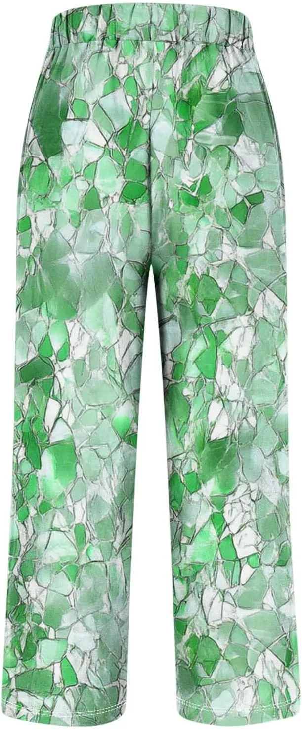 Linen Pants for Women Casual Tropical Floral Printed Rolled Pants Elastic High Waist Drawstring Summer Trousers