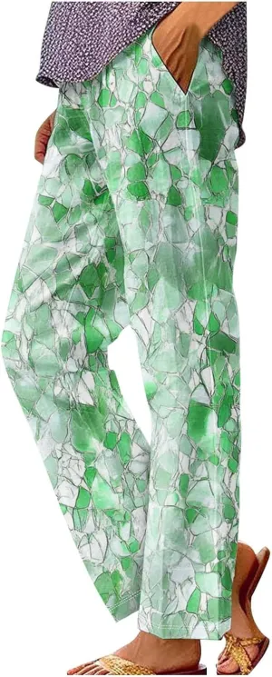 Linen Pants for Women Casual Tropical Floral Printed Rolled Pants Elastic High Waist Drawstring Summer Trousers