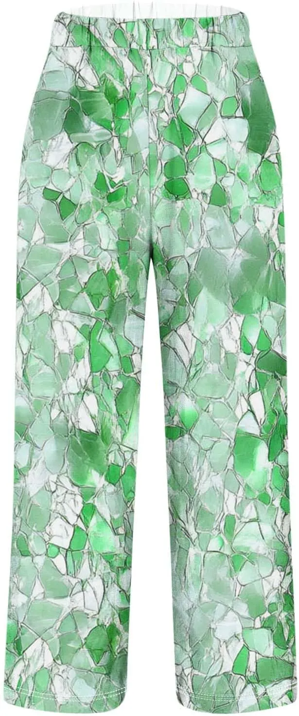 Linen Pants for Women Casual Tropical Floral Printed Rolled Pants Elastic High Waist Drawstring Summer Trousers