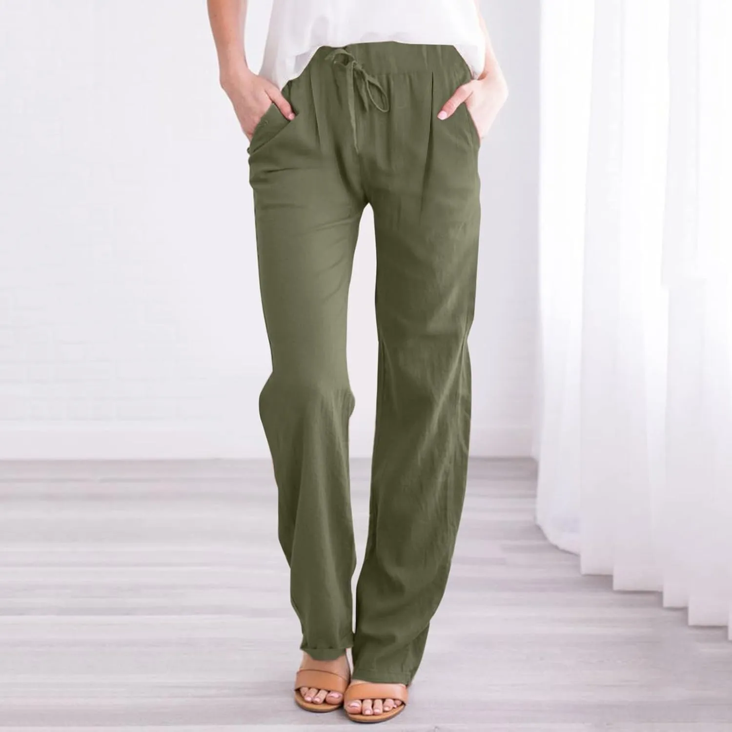 Linen Pants for Women Cotton Linen Straight Leg Lightweight Pants Summer Pants Plus Size Women Loose Fit Trousers