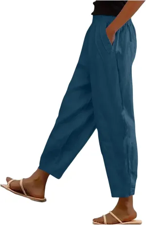 Linen Pants for Women High Waist Pants Plus Drawstring Elastic Waist Pants Trousers with Pockets Summer Casual Pants
