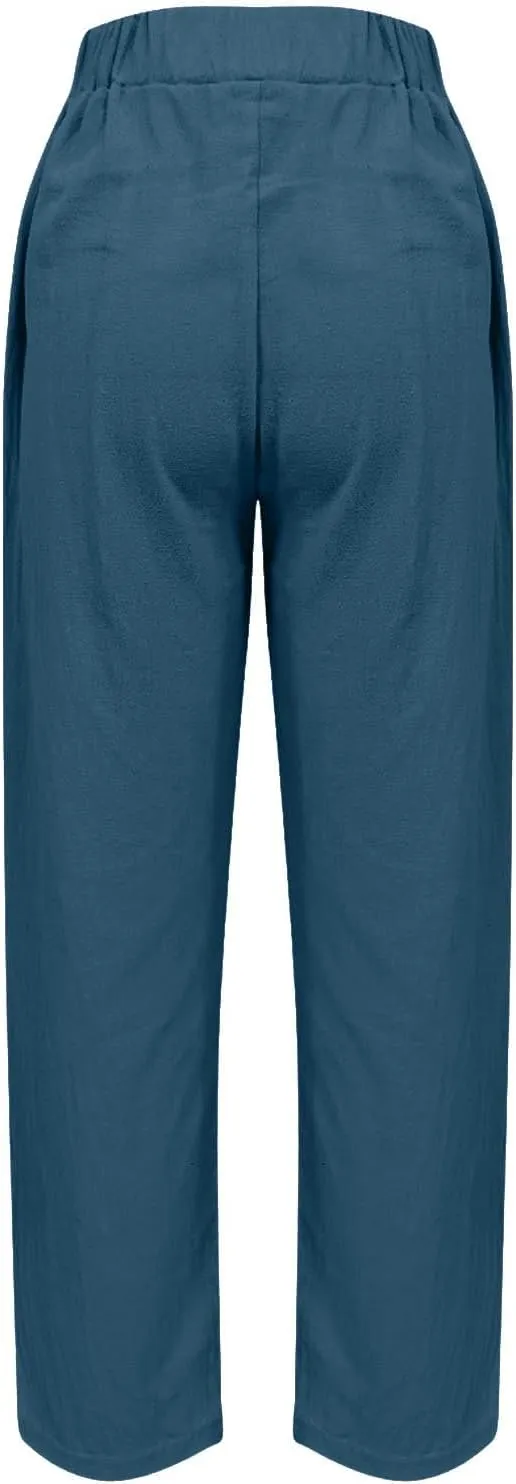 Linen Pants for Women High Waist Pants Plus Drawstring Elastic Waist Pants Trousers with Pockets Summer Casual Pants